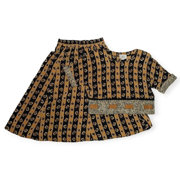 Vintage Dresses & Skirts - Vintage AFK Large Two Piece Skirt Top Set Tan Black A Line Cropped Womans